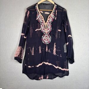 Zara Woman Beaded Embroidered Sheer Tunic Top Size Small Bohemian Artsy Hippie